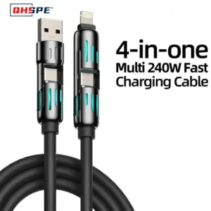 USB、Type C, lightning-Max 240W Fast Charging and Data Sync MFISH 4-in-1 Multi-Function USB Charging Cable for iPhone 16/15, iPad